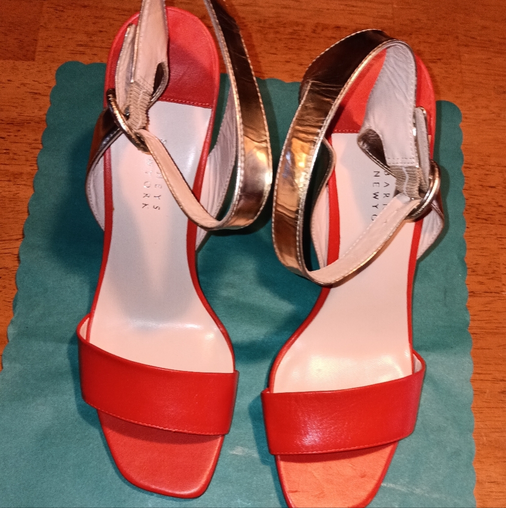 Barneys New York Red and Gold Leather Heels with Ankle Strap And Wedge Heels Sz7